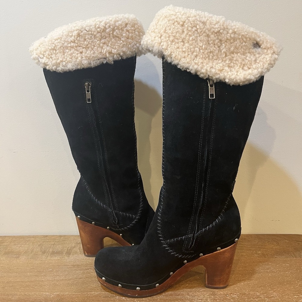 UGG Black Suede Shearling Cuff Wooden Heel Boots